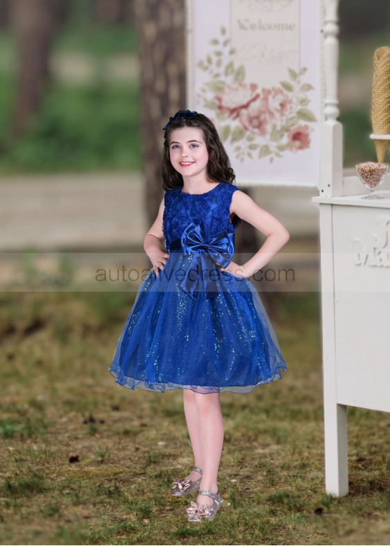 Royal Blue Rosette Organza Sparkly Flower Girl Dress